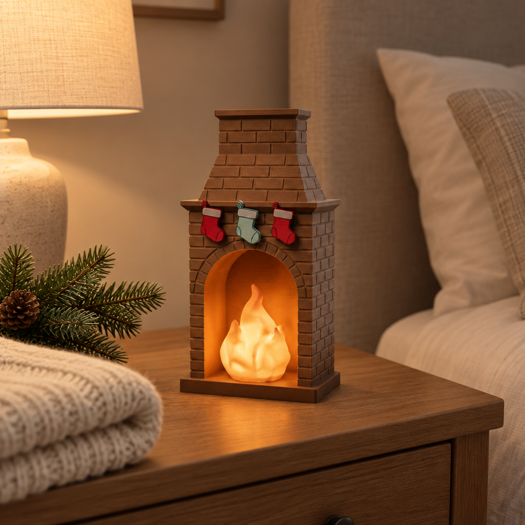 Miniature fireplace tealight holder styled on a bedside table beside a knit throw