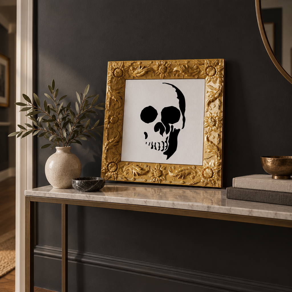 Picture Skull leaning on a hallway console against a charcoal wall