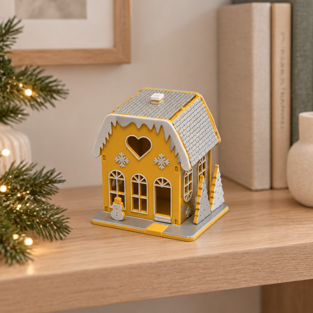 Yellow miniature Christmas house styled on a shelf with subtle festive decor