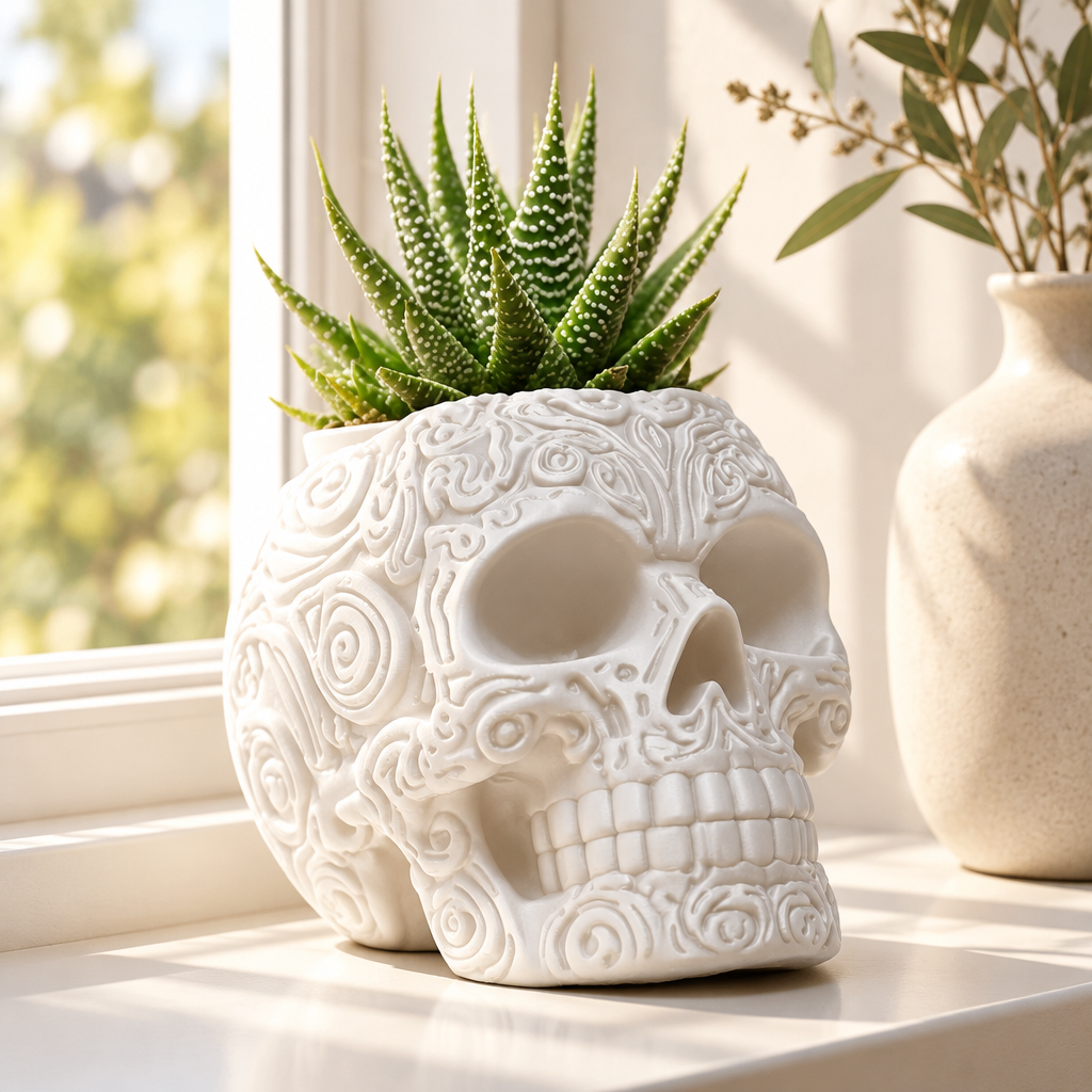 White skull planter with raised swirls and a green succulent by a bright window