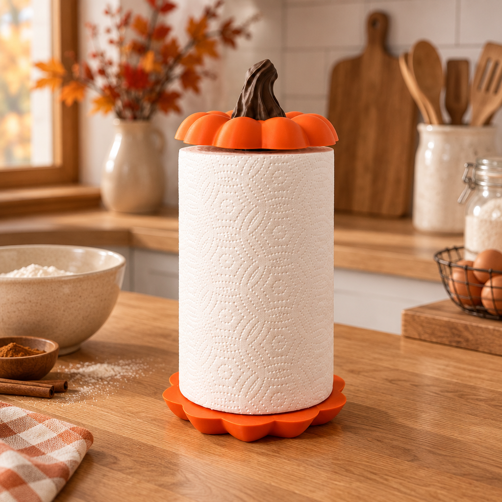 Pumpkin kitchen roll holder on an oak countertop with autumn baking ingredients