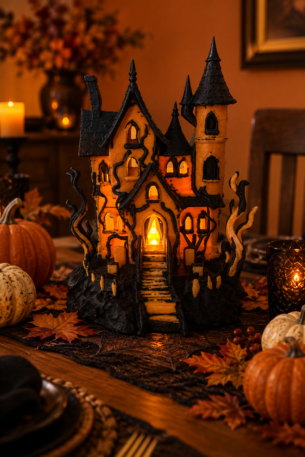 Orange and black haunted house tealight holder displayed on an autumn dining table with pumpkins