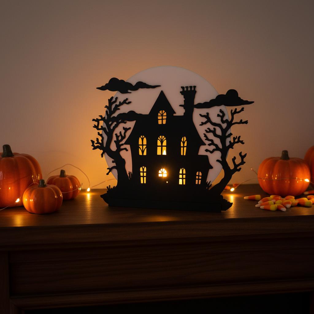 Haunted house decoration on mantelpiece with mini pumpkins and orange fairy lights Halloween lifestyle