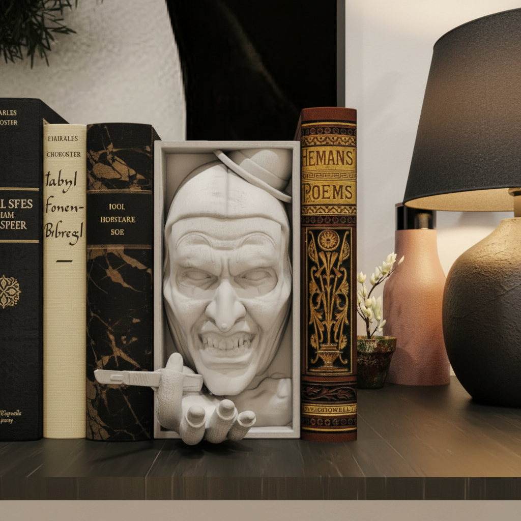 IT horror clown book nook on a bedside bookshelf