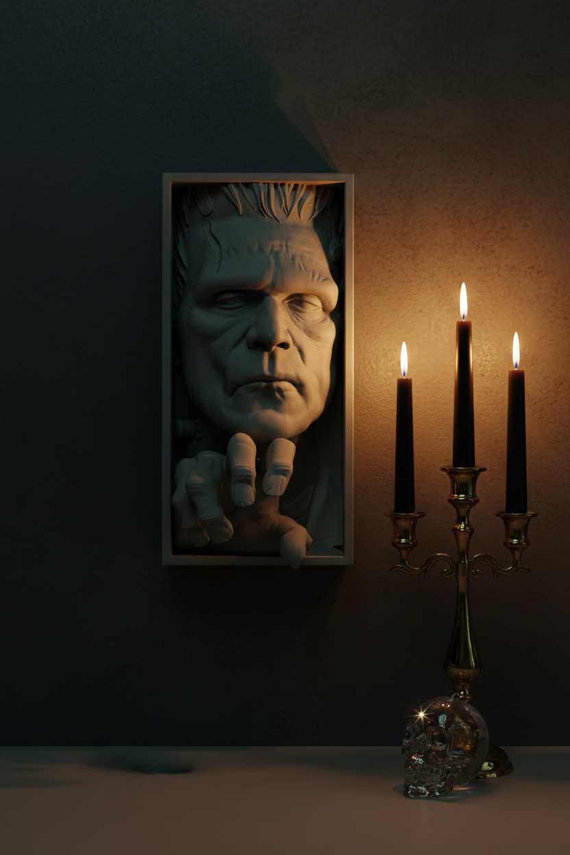 Frankenstein monster relief sculpture grey framed box dark charcoal wall black pillar candles brass holders glass skull ornament dramatic moody Halloween interior candlelight portrait
