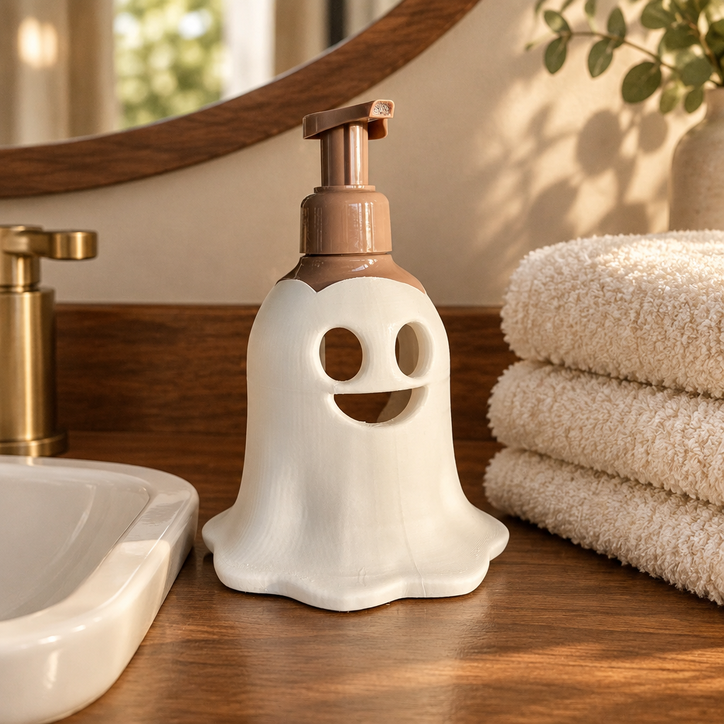 Ghost-shaped soap dispenser on a warm walnut bathroom vanity