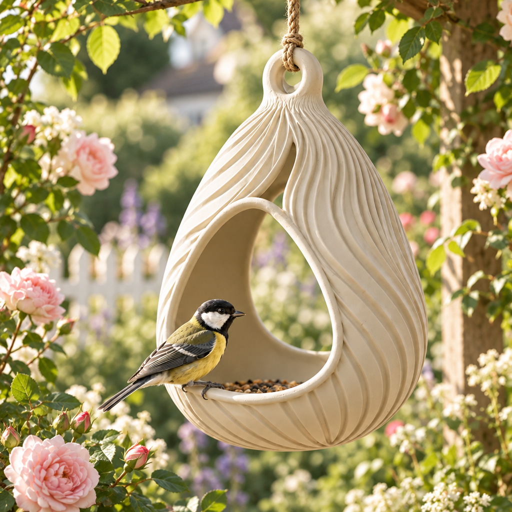 Sculpted bird feeder among cottage roses