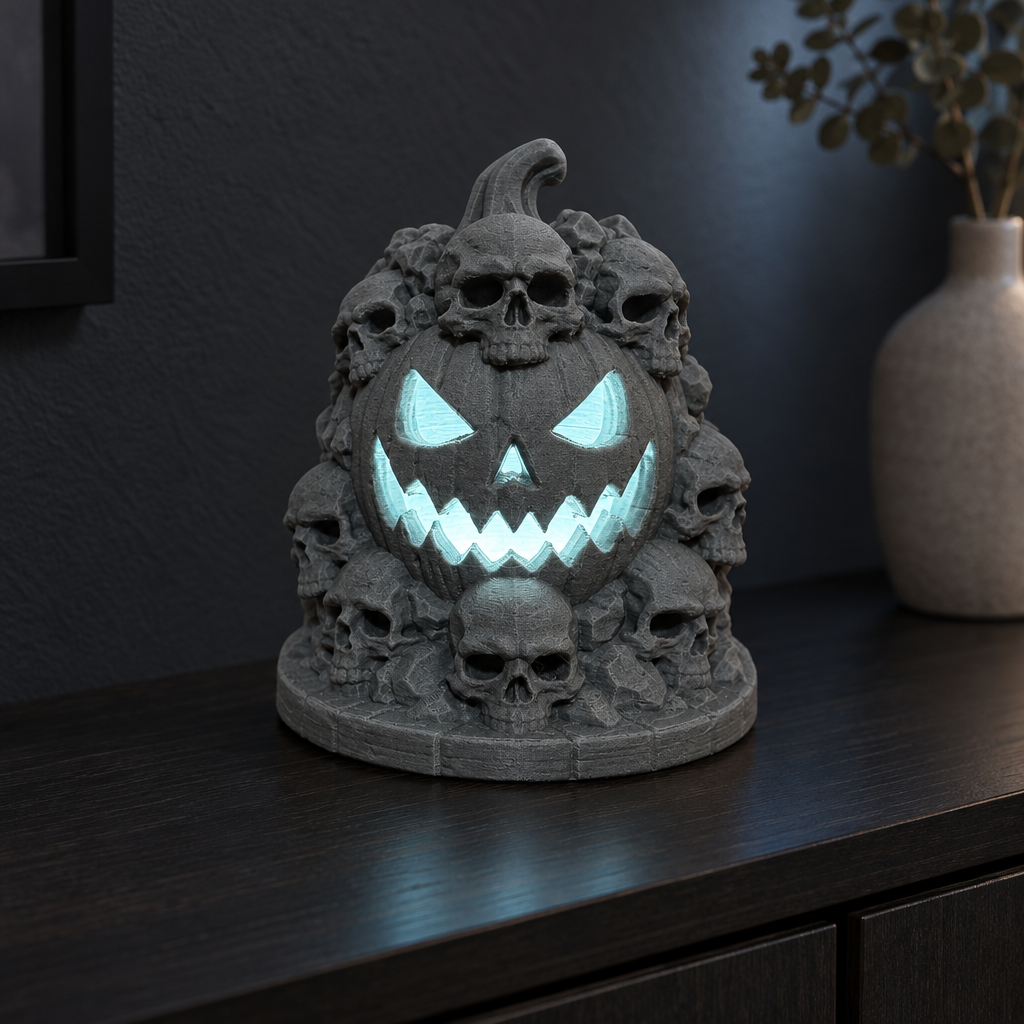 Grey Skull Mountain tealight holder glowing against a dark wall on a sideboard