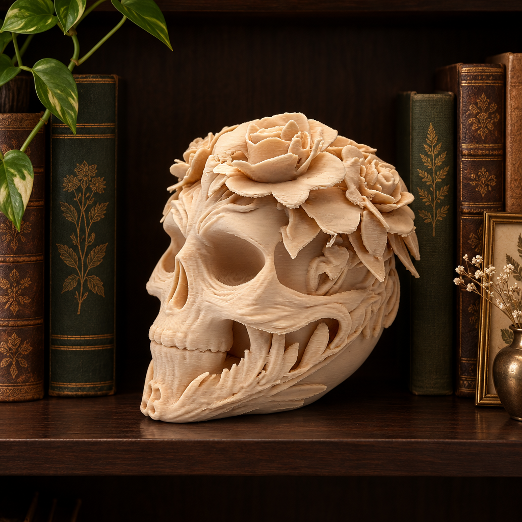 Flower-crowned skull sculpture on a dark library shelf among books