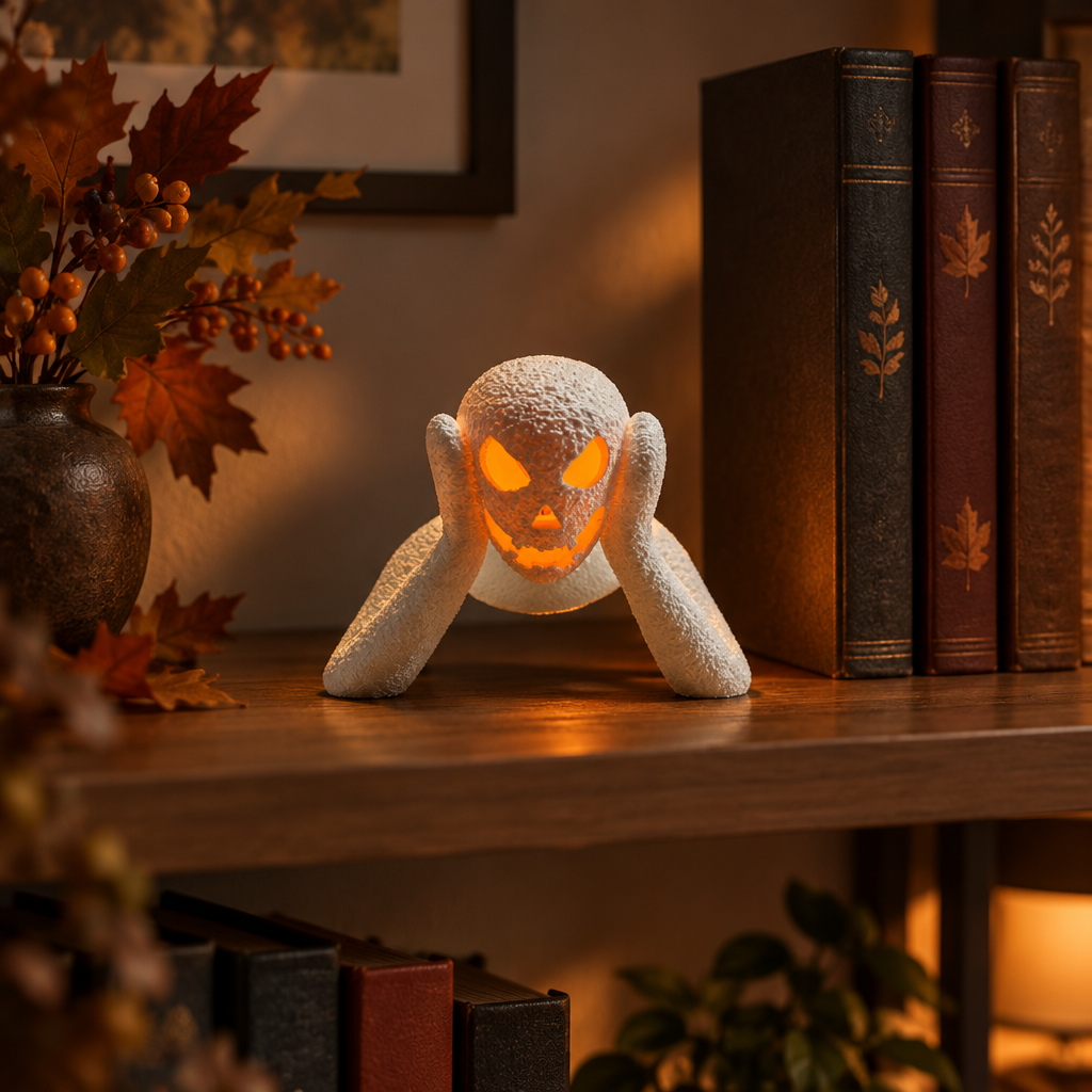 Small glowing white NOBODY LANTERN displayed beside autumn books