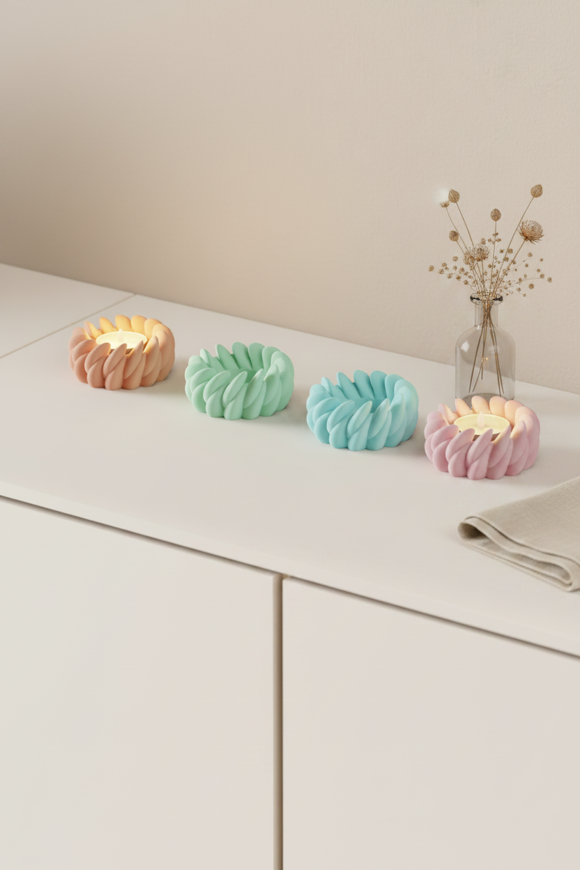 Swirl Tealight Holder soft pastel pink spiral twisted petal texture warm LED glow pale oak bedside table dried flowers folded linen Japandi bedroom evening portrait