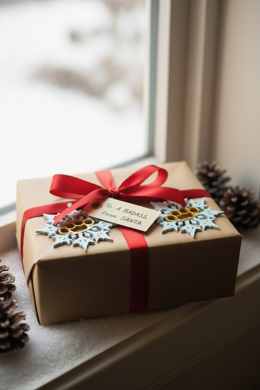 Bad Snowflake ornaments gift wrapped with ribbon and gift tag