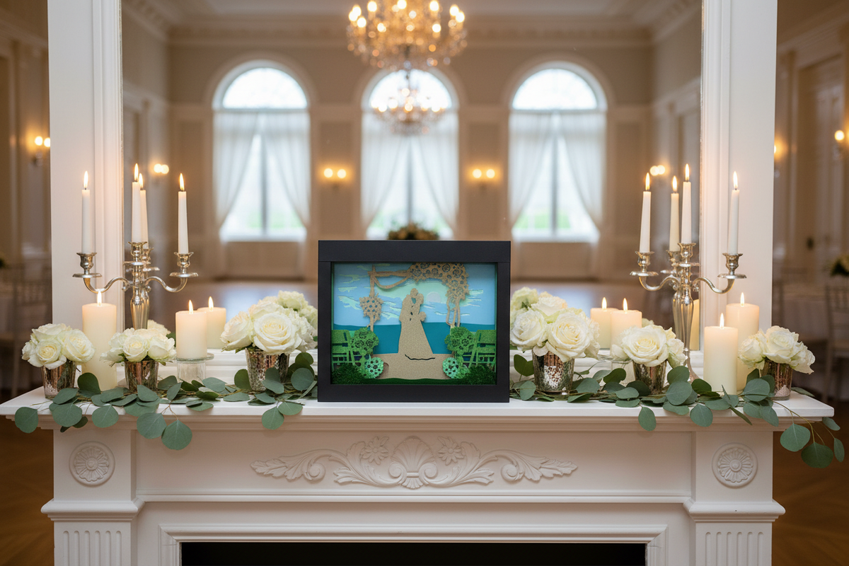 Wedding shadow box displayed on an elegant mantelpiece with white roses and candles