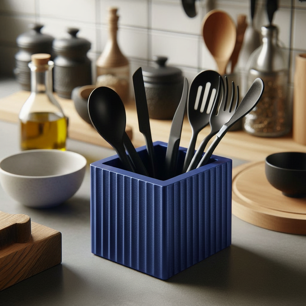 Square Ribbed Utensil Holder - blue colourway with cooking utensils on concrete counter beside ceramic bowl and olive oil bottle