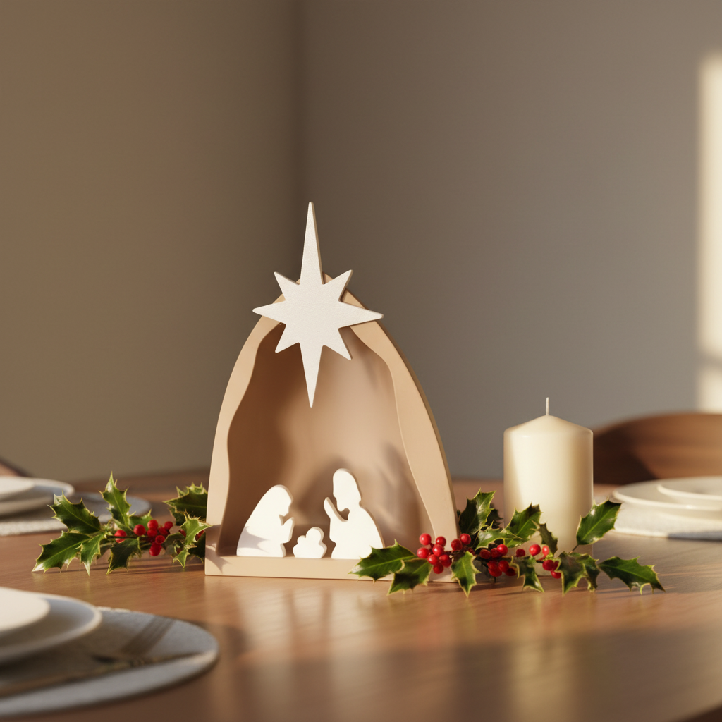 Nativity scene on dining table beside white candle and holly sprigs lifestyle