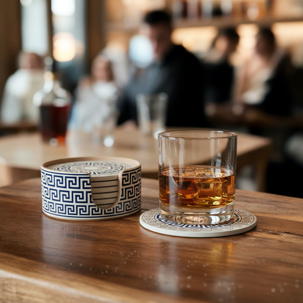 Greek Design Coaster Set - Blue colourway on home bar counter