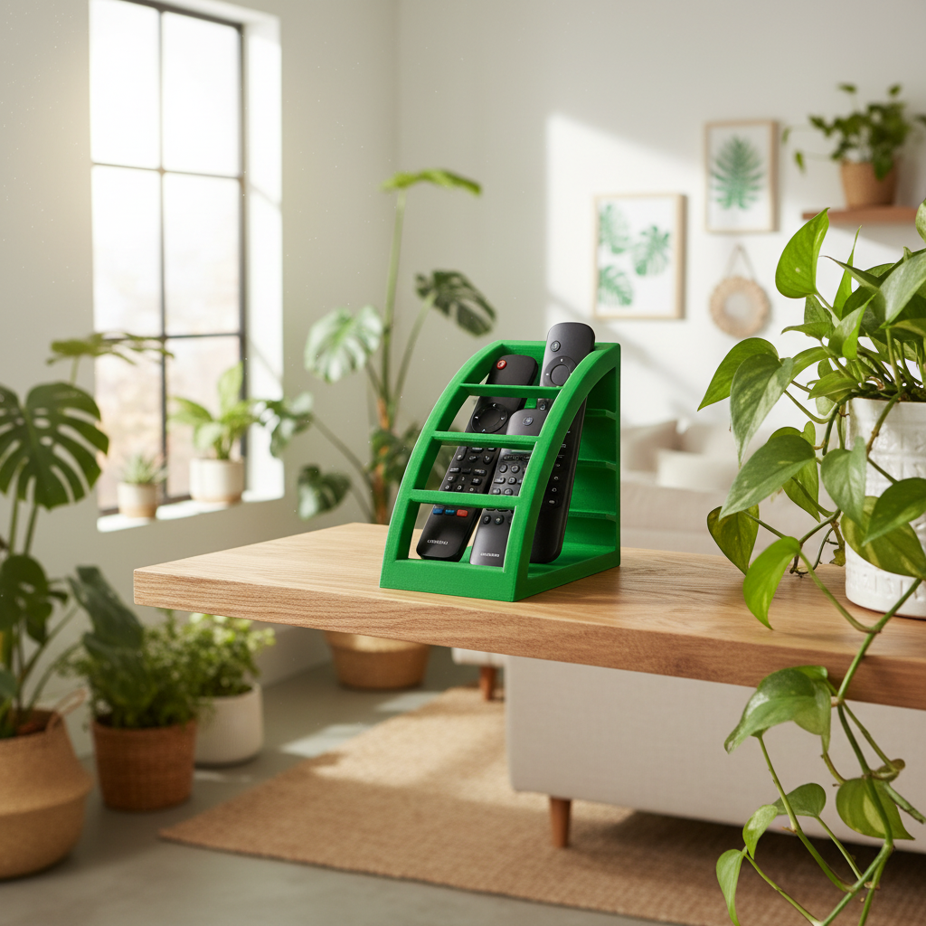 Remote Control Organizer in green displayed on a natural wood shelf in a bright biophilic living room with plants