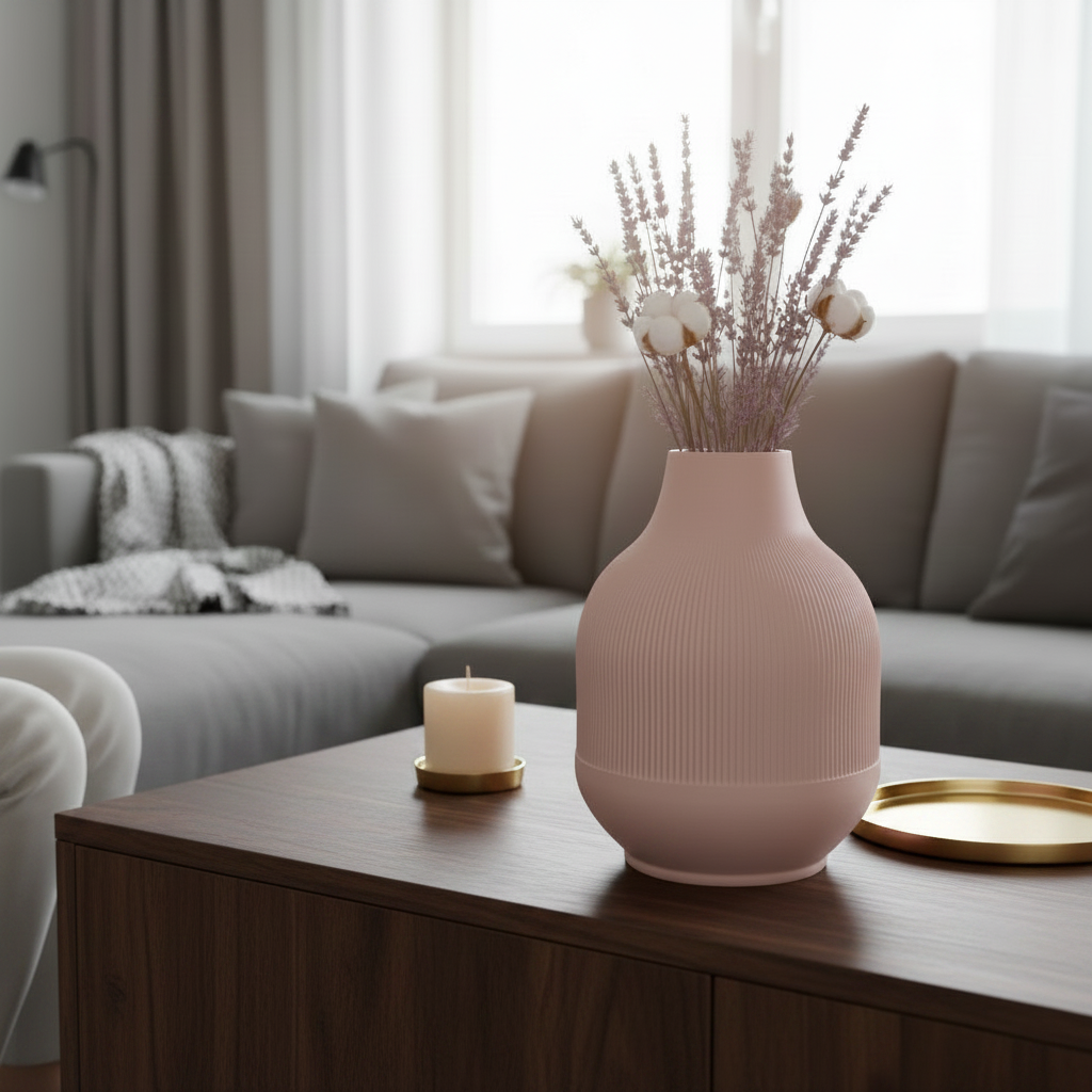 Dusty pink ribbed vase with lavender on a dark walnut sideboard with candle