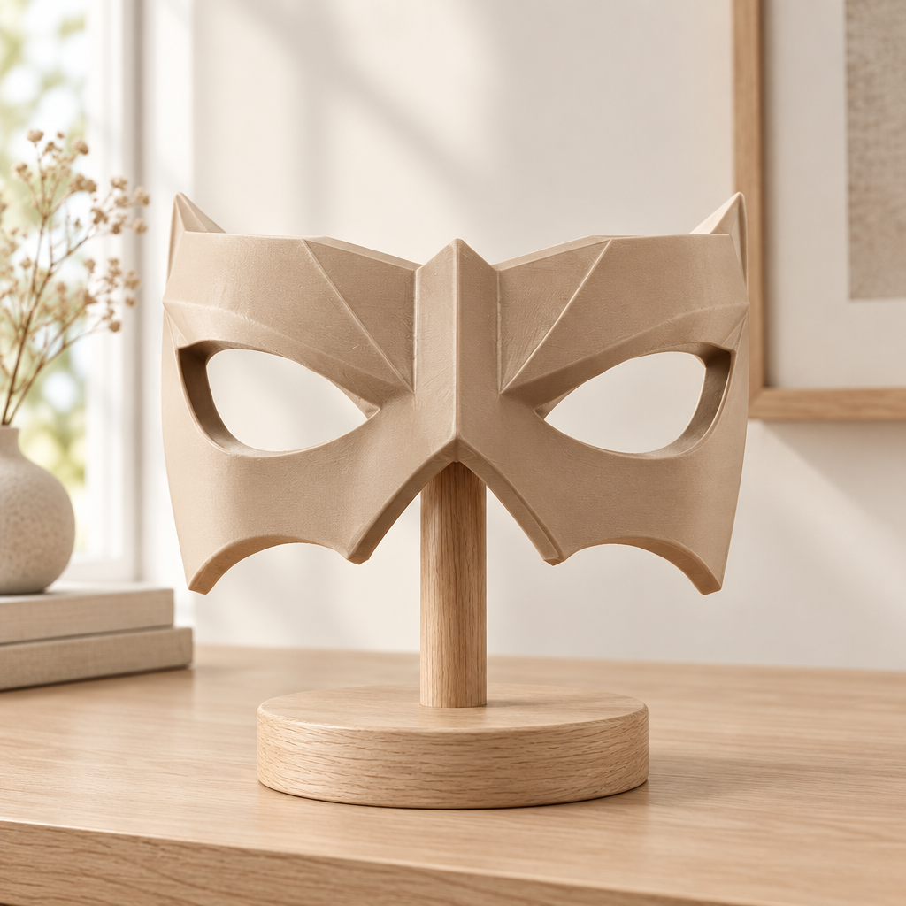 Beige angular Shadow Sentinel mask displayed in a modern home, strap not included