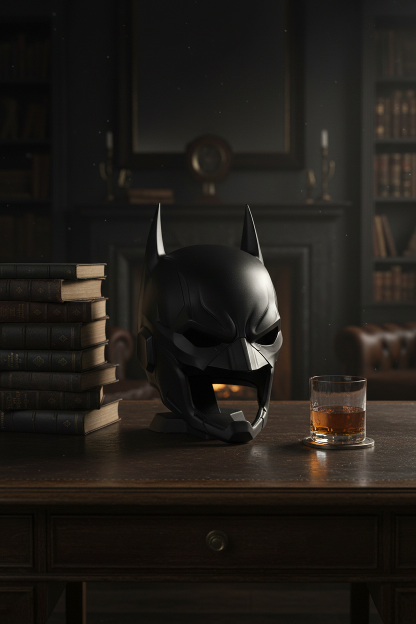 Batman cowl helmet replica sculpture black matte twin bat ears angular visor diamond eye apertures display base on dark oak desk beside stacked hardcover books atmospheric moody dark study interior portrait