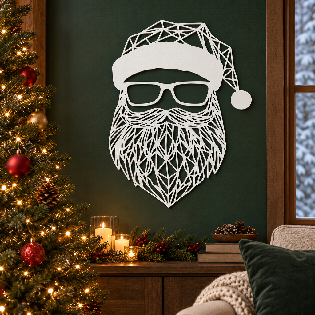White Santa wall sign in a cosy Christmas living room with warm lights and greenery