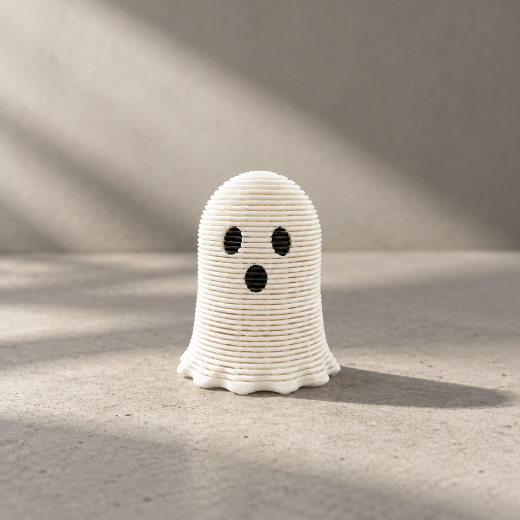 White ghost-shaped spring toy on pale concrete with soft shadows
