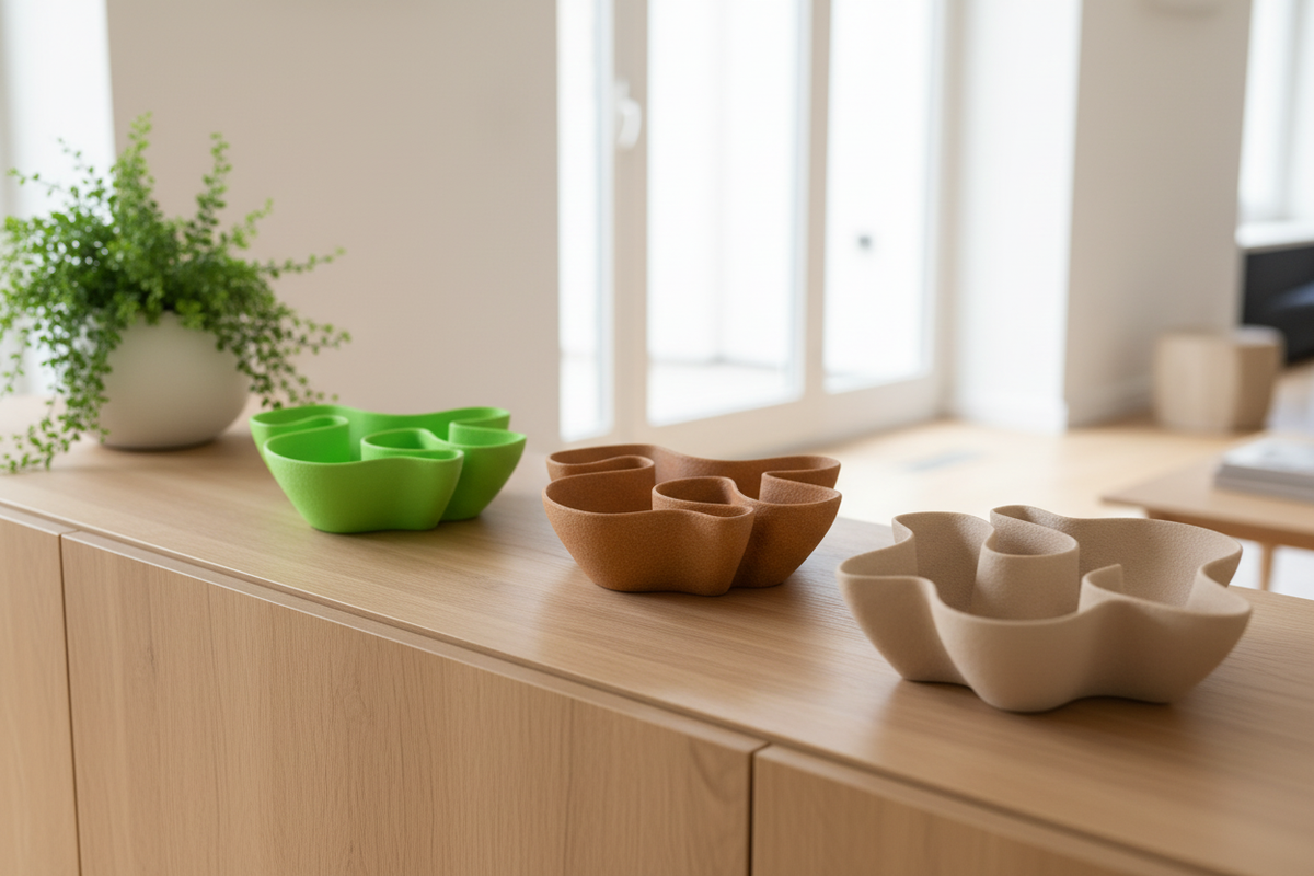 Three Fabric Ripple Bowls neon green warm brown soft beige matte finishes pale oak sideboard bright contemporary living room trailing plant ceramic vase soft diffuse daylight wide editorial landscape