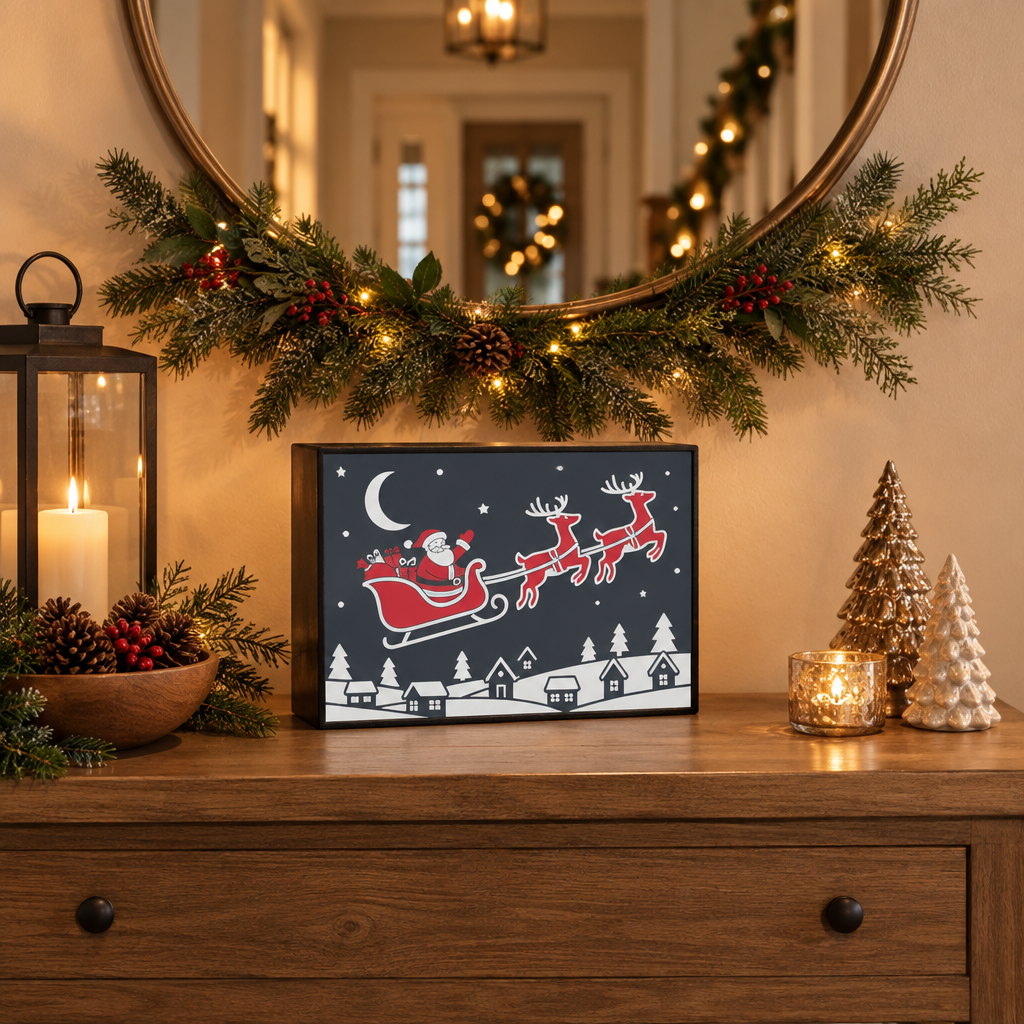Framed Santa sleigh picture styled by a winter window with snowy scenery outside