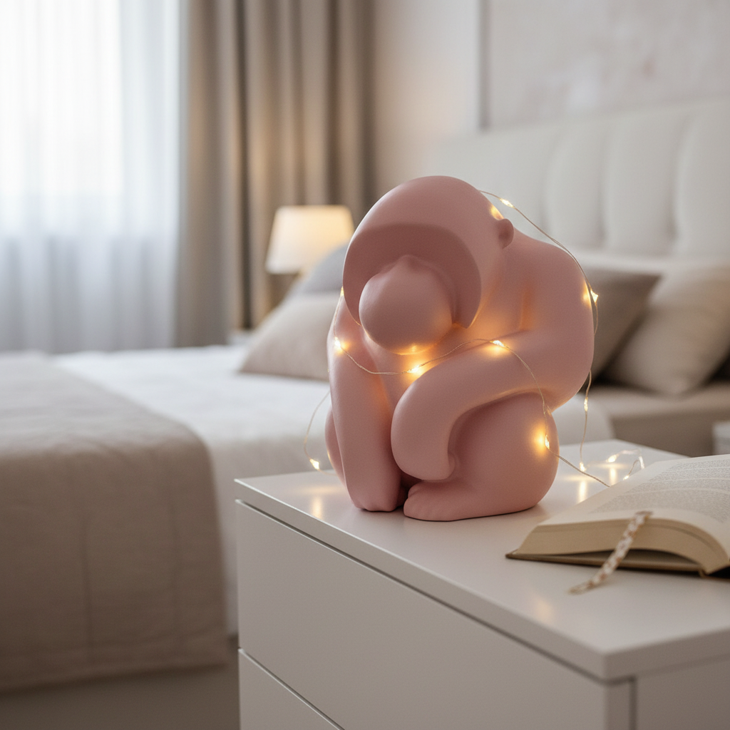 Dusty pink Orang Sculpture on a white bedroom nightstand with fairy lights and a book