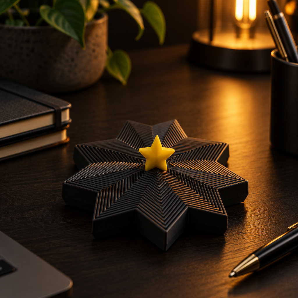 Black star-shaped fidget spinner with a yellow centre star on a dark desk with warm accent lighting