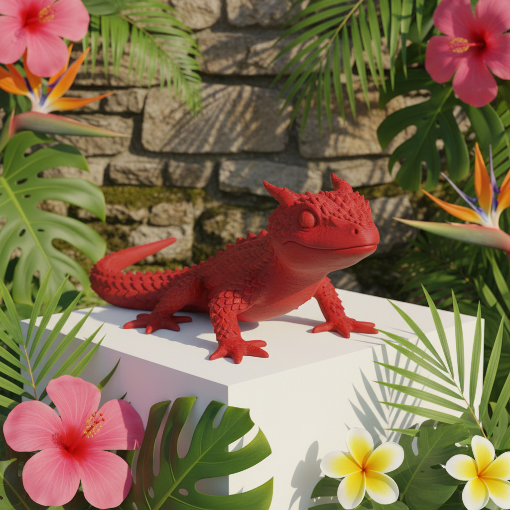 Tiny Legend Gecko-Dragon Figurine - red colourway on garden stone wall