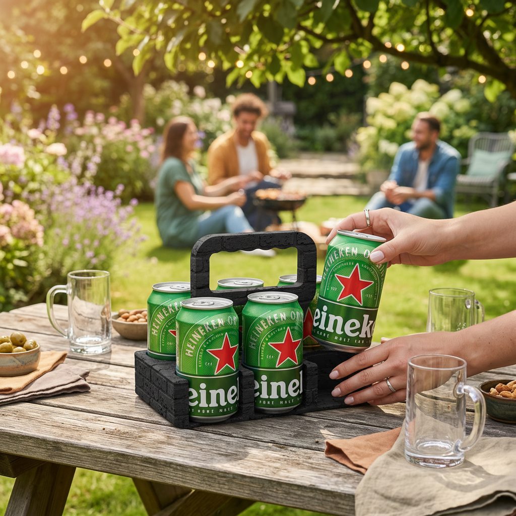 Beer Brick Six Can Caddy in black — holding six beer cans on rustic garden table at summer barbecue with fairy lights