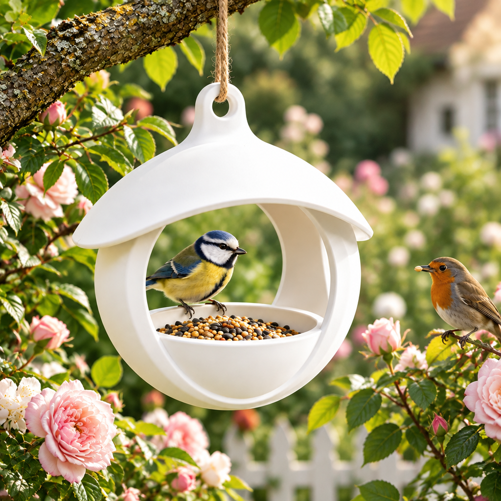 Spherical bird feeder in cottage rose garden