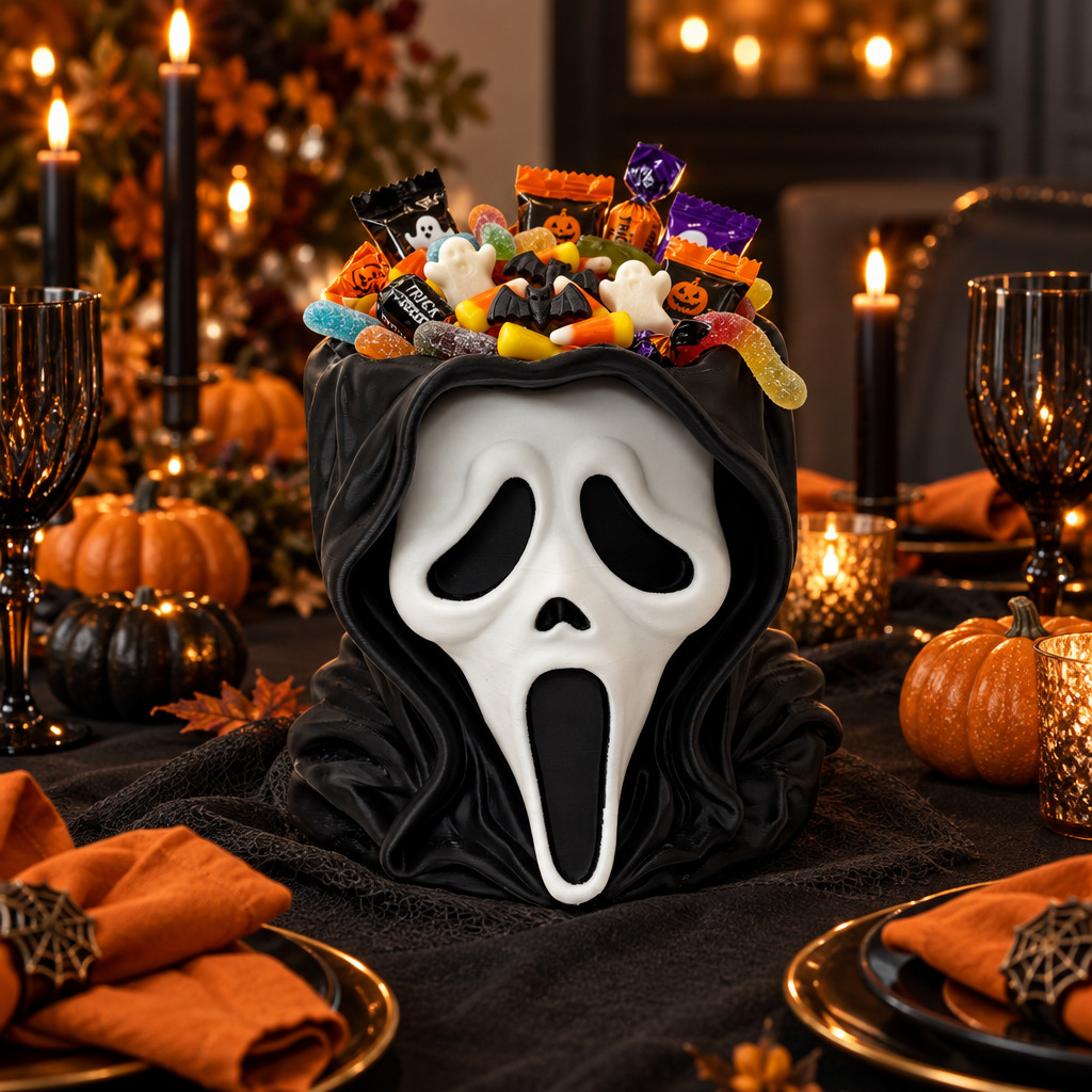 Ghostface-inspired head bowl filled with wrapped treats on a black and orange Halloween dining table