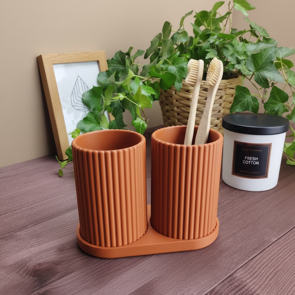 Terracotta orange ribbed dual toothbrush holder on wooden bathroom shelf with bamboo toothbrushes, ivy plant and candle