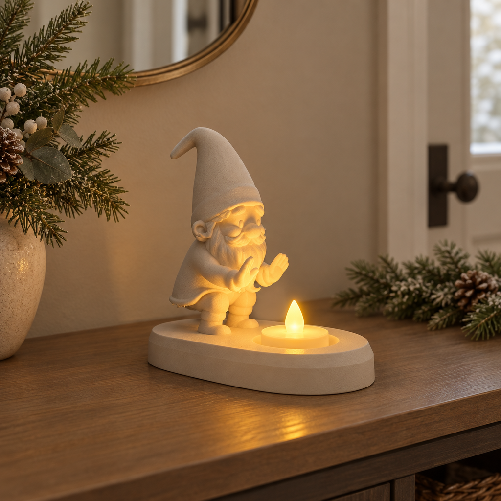 Beige Santa tealight holder on a seasonal entryway console