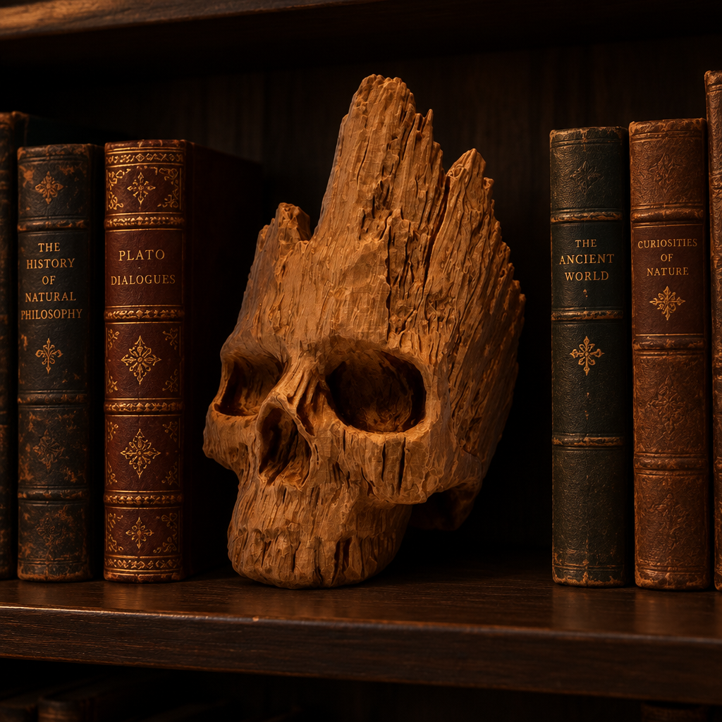 Wood-effect skull on a dark library shelf among antique books