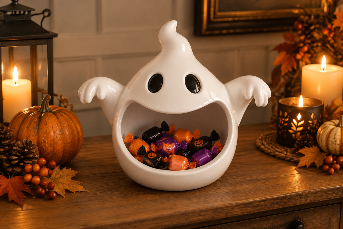 Glossy white ghost sweet bowl with a curled head, dark oval eyes and outstretched hands holding wrapped treats on a candlelit console
