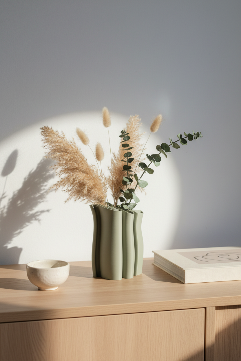 Fabric Ripple Vase sage green matte undulating fabric-fold tube ripple rim dried pampas grass eucalyptus pale oak sideboard bright minimal Japandi living room ceramic bowl hardcover art book soft afternoon window light portrait