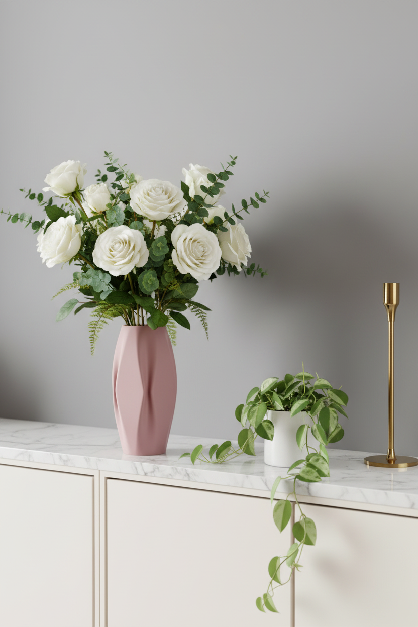 Dusty pink quad ripple vase with white roses on marble shelf beside pothos and brass candlestick bedroom lifestyle