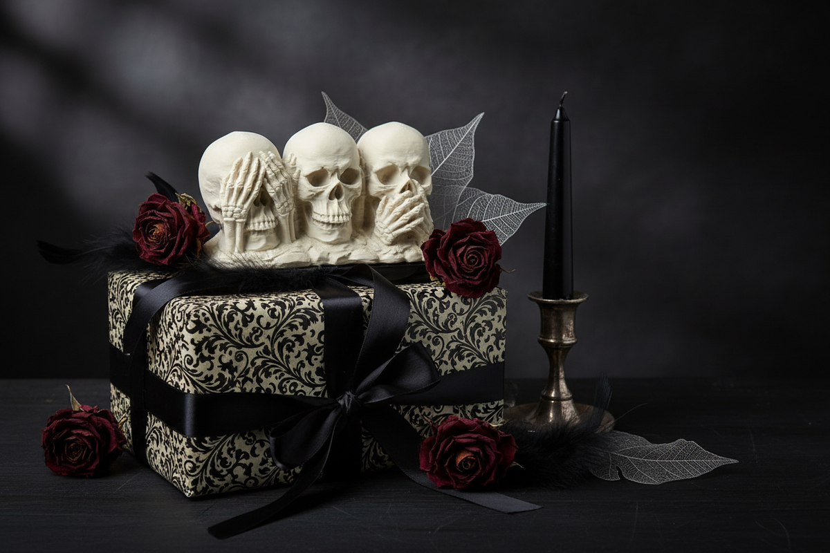 See No Evil Hear No Evil Speak No Evil Skull sculpture styled as a gothic gift