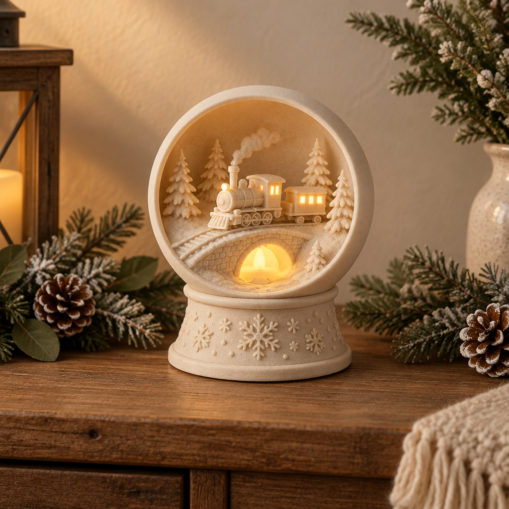 Snow globe tealight holder styled on a rustic console