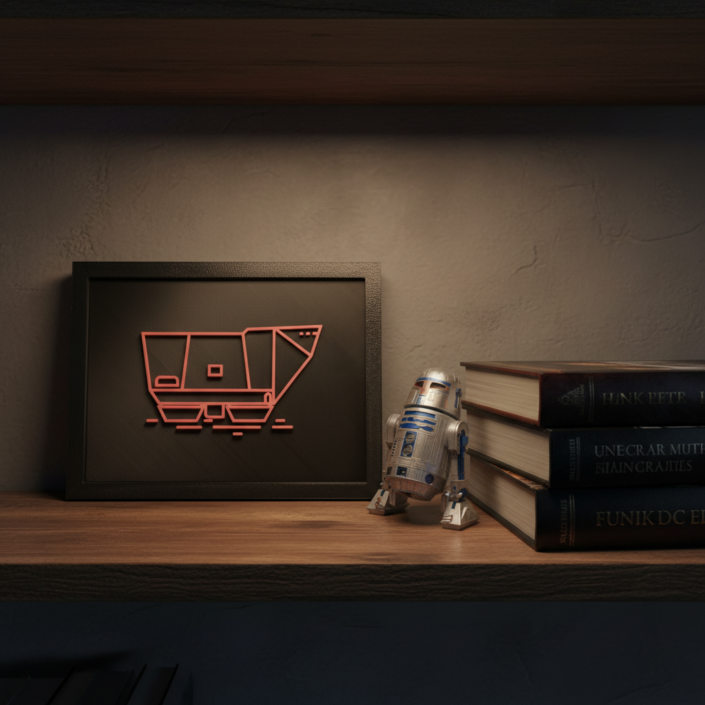 Sandcrawler neon line art shadow box on a collector shelf beside sci-fi books and a droid figurine