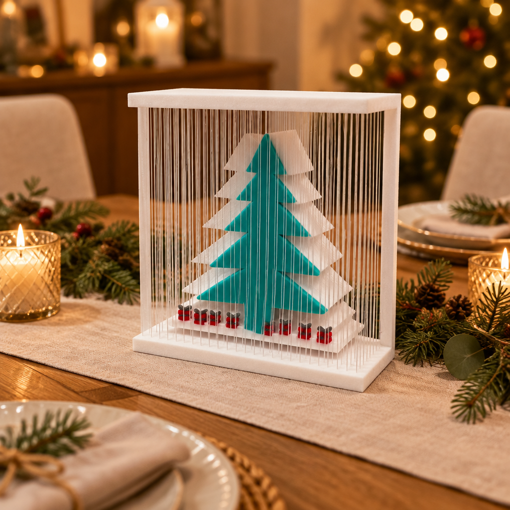 Teal-green tree display in a white vertical-strand frame with red-and-dark base details on a festive dining table.