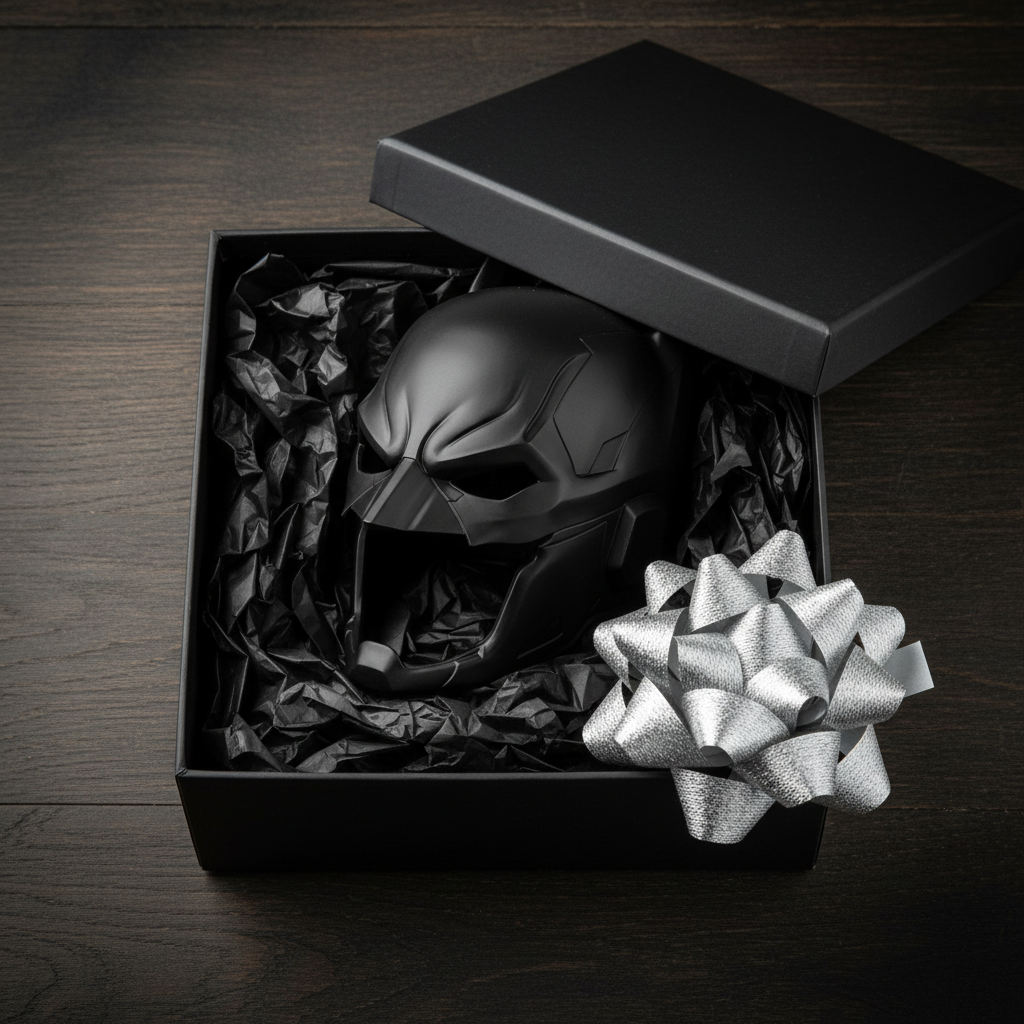 Batman cowl helmet replica sculpture black matte gift box black tissue paper silver ribbon bow dark wooden surface superhero fan gift giving overhead square editorial