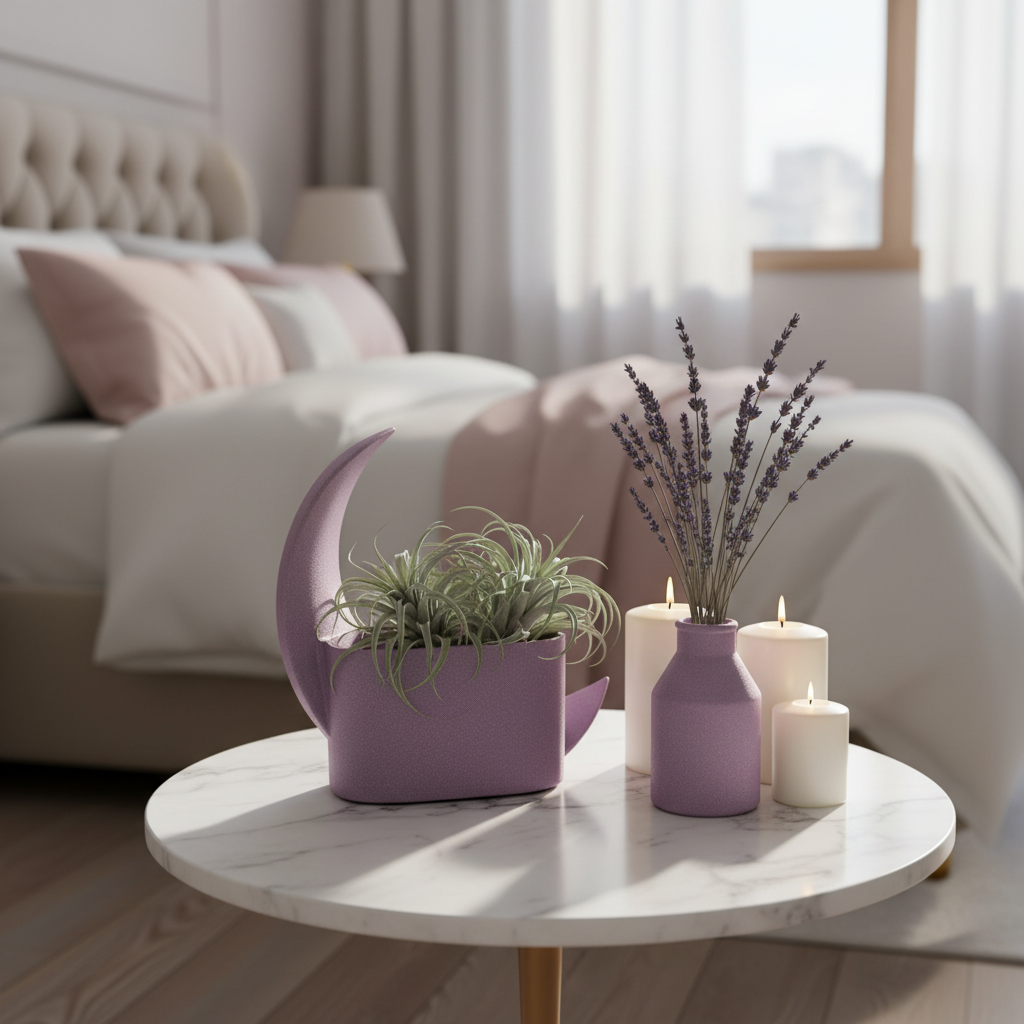 Dusty purple crescent planter and vase set with air plants and candles on a marble side table