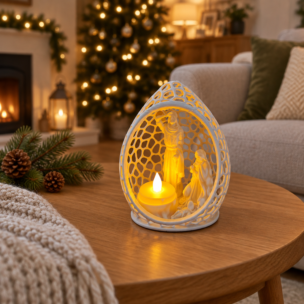 White oval Nativity tealight holder displayed on a cosy coffee table