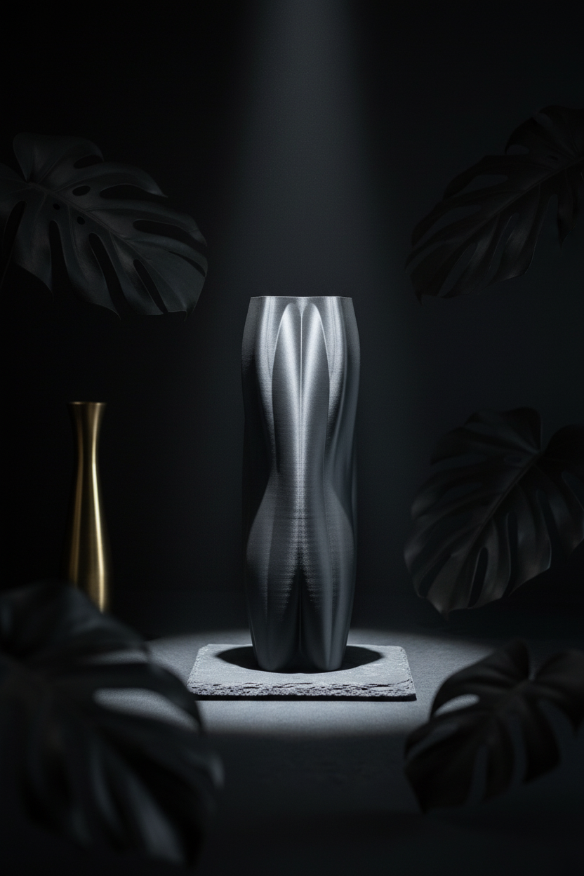 Black wave vase with gold accent on moody dark surface - lifestyle