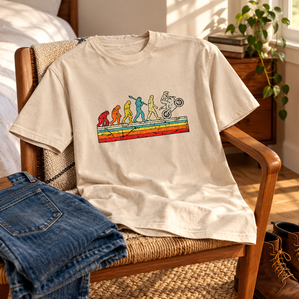 Beige Evolution of the Motorcyclist T-shirt styled on a bedroom chair
