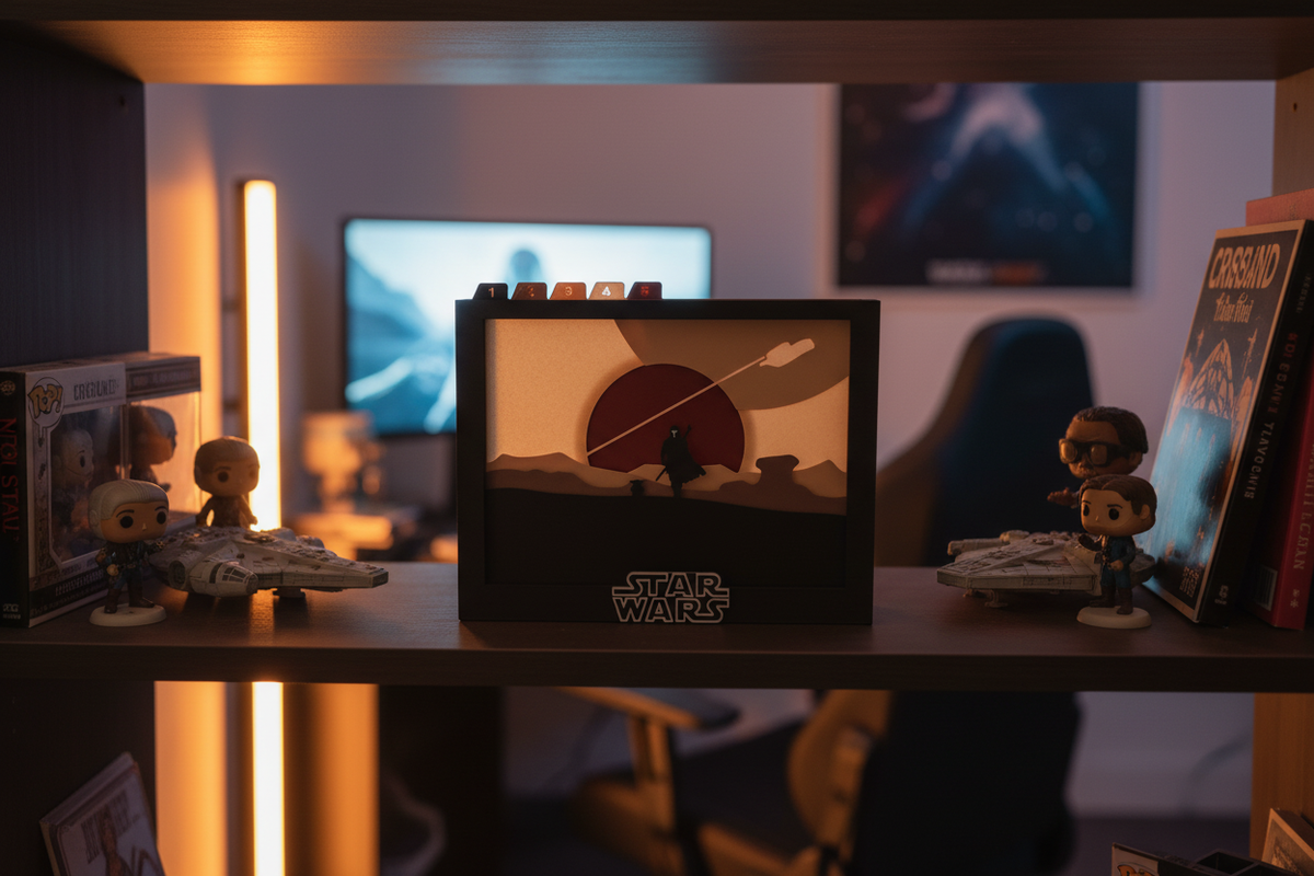 The Mandalorian Shadow Box on a dark wooden shelf in a moody gaming room with warm amber cinematic lighting
